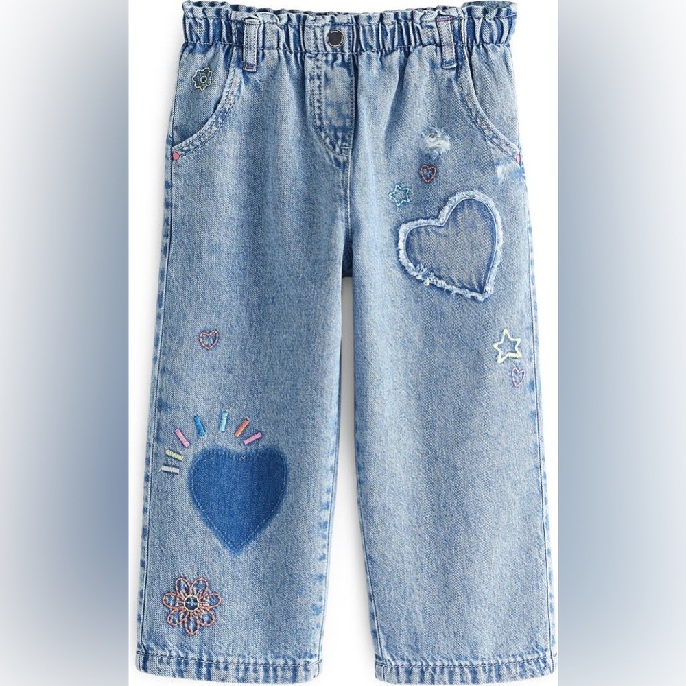 Embroidered Blue Denim Jeans with Rainbow, Heart and Star